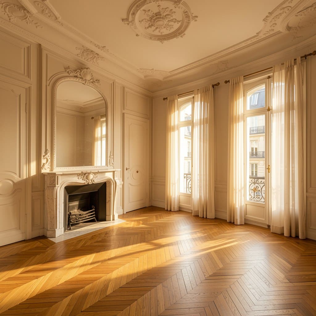 Séjour — parquet point de Hongrie, moulures, hauteur 2,90 m