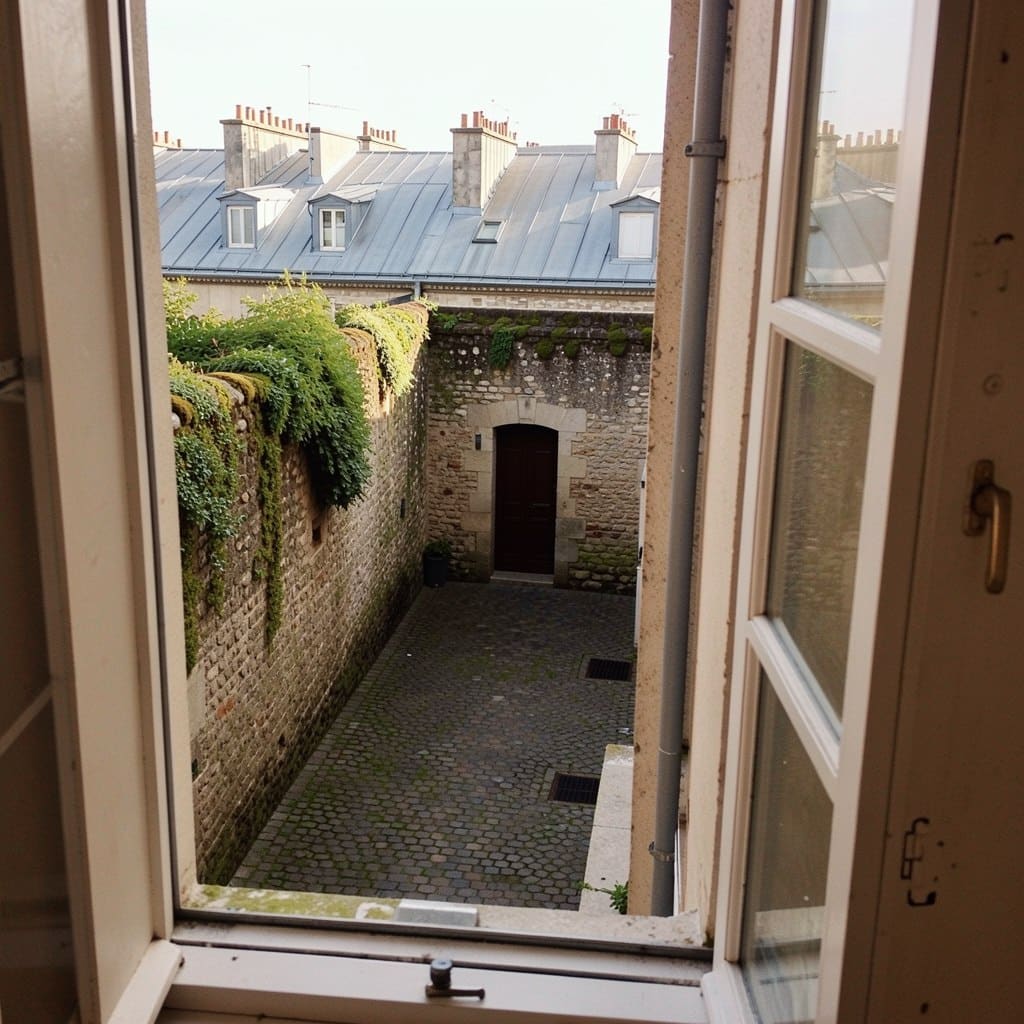 Vue sur la cour pavée — calme, exposition sud-ouest
